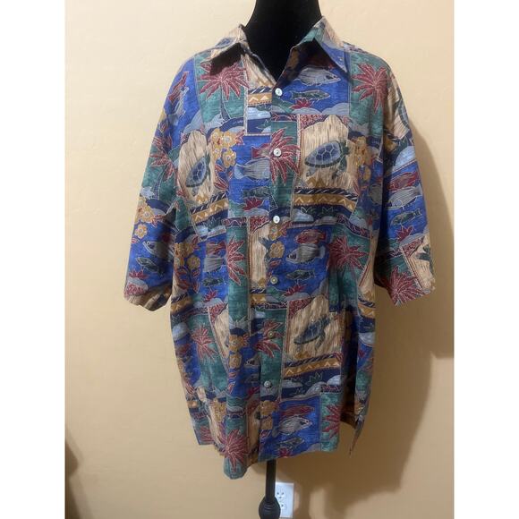 Tori Richard Hawaiian Shirt Turtles Fish Palm Tree Pattern Beach Vacation Resort - Picture 1 of 6